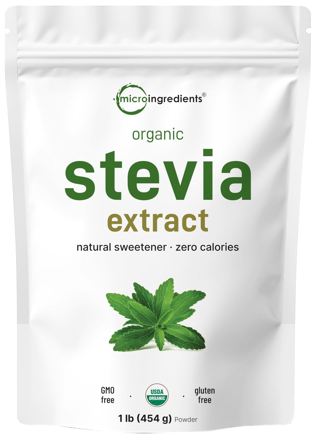 Micro Ingredients Pure Organic Stevia Powder, 1 Pound, 2,837 Servings, Highest Grade Stevia Green Leaf Extract Reb-A, Reduced Bitter Aftertaste, 0 Calorie, Natural Sweetener, Sugar Alternative, Keto Friendly