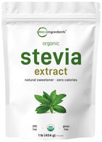 Micro Ingredients Pure Organic Stevia Powder, 1 Pound, 2,837 Servings, Highest Grade Stevia Green Leaf Extract Reb-A, Reduced Bitter Aftertaste, 0 Calorie, Natural Sweetener, Sugar Alternative, Keto Friendly