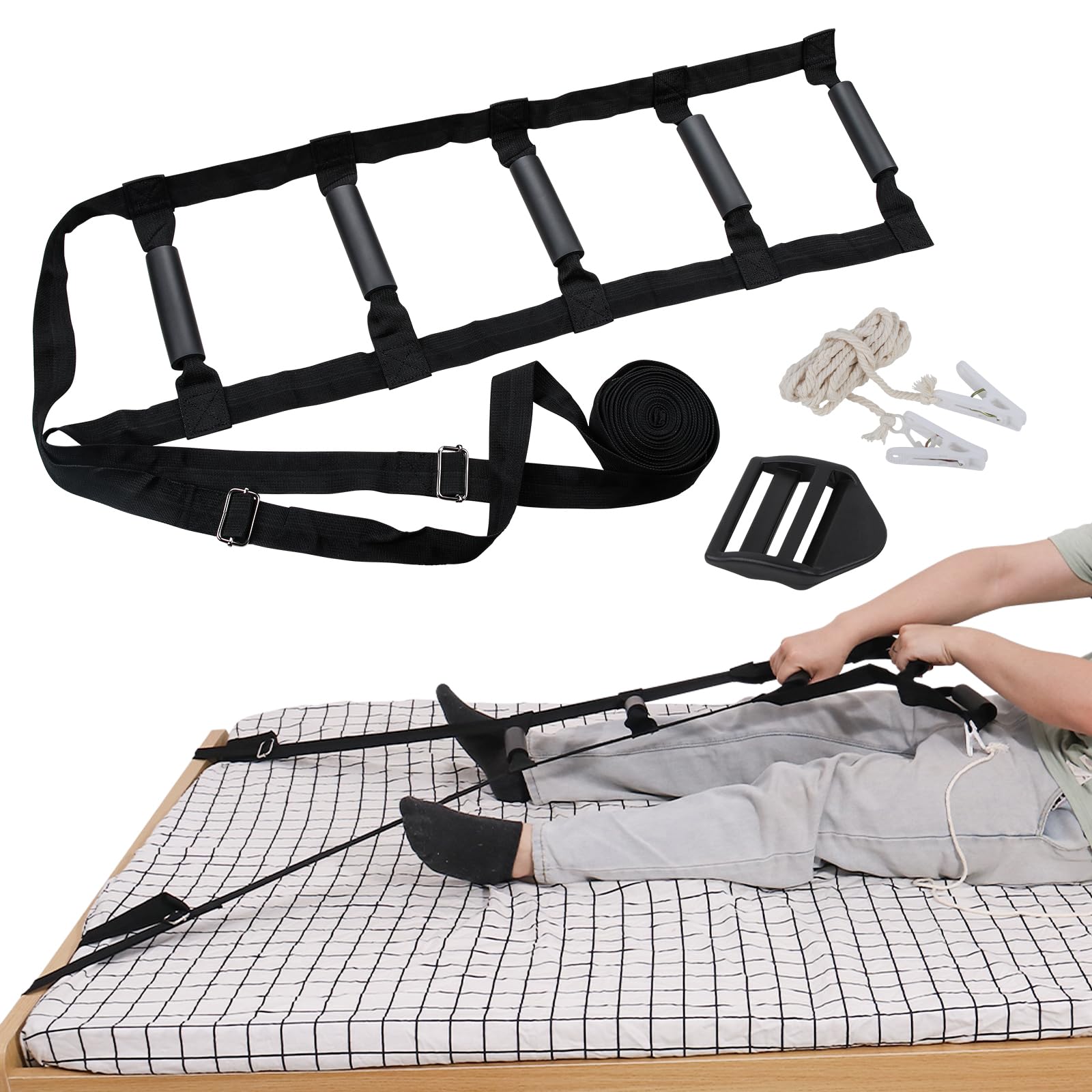 Bed Ladder Assist 160 Inch, Munzong Black Pull Up& Sit Up Assist Device, Assistive Bedside Straps w/ 5 Handle, Portable Rope Beds Ladder Helper for Elderly Senior Injury Handicap Patient Pregnant(4 m)