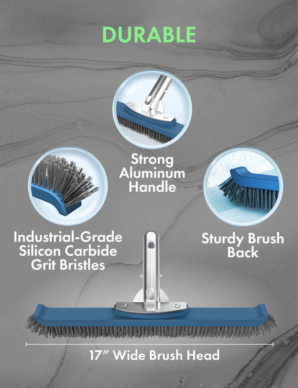 KEMANO Heavy Duty Pool Brush Head: Industrial-Grade Grit Non-Metal Stiff Bristles & Reinforced Aluminum Frame for Inground Pools, Tiles, Concrete Surfaces - Tackles Tough Surfaces, Algae, Stains