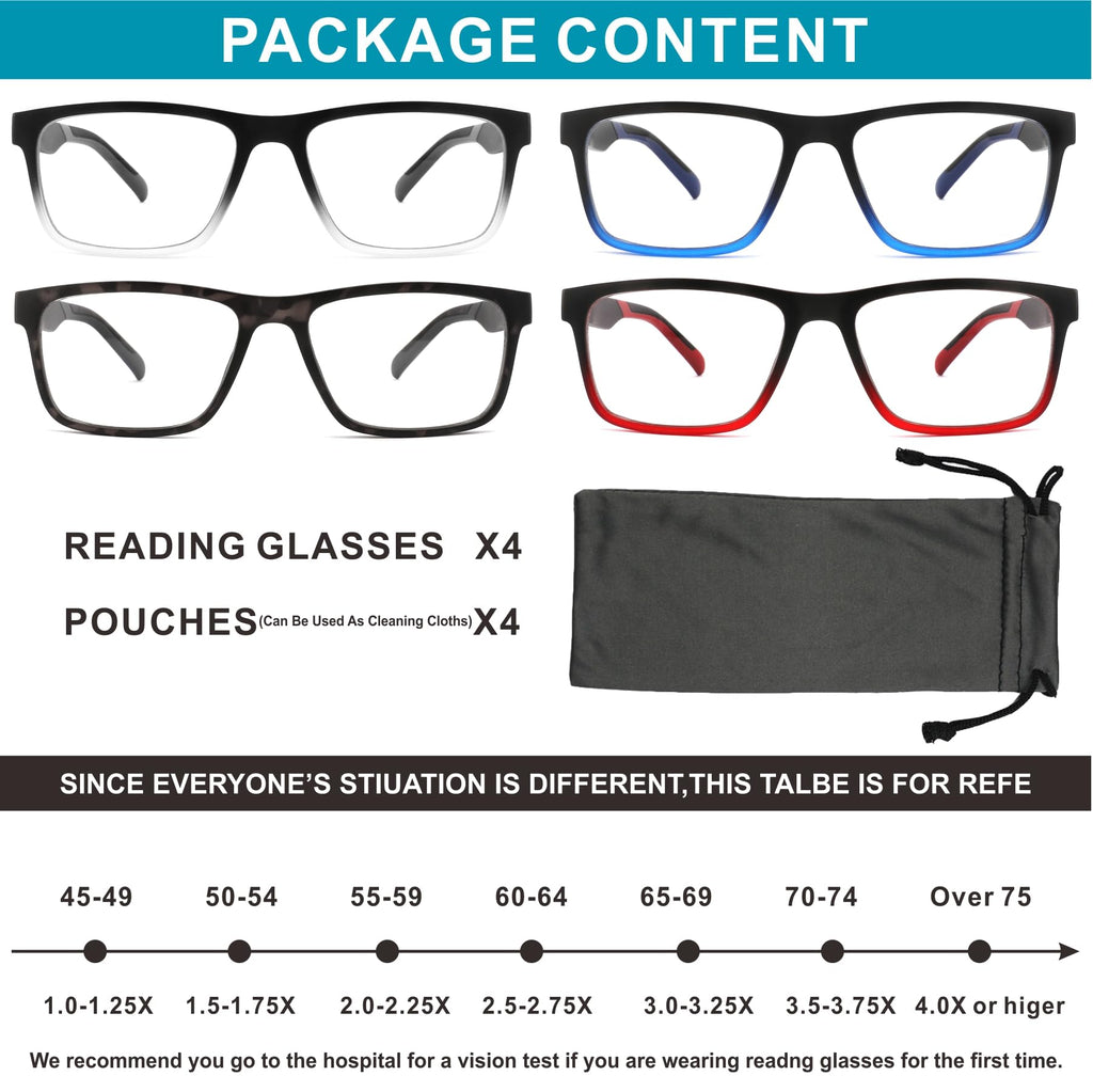 acavefox 4 Pack Reading Glasses 1.0 Men Readers Computer Blue Light Blocking Fashion Comfortable Eyeglasses with Spring Hinge
