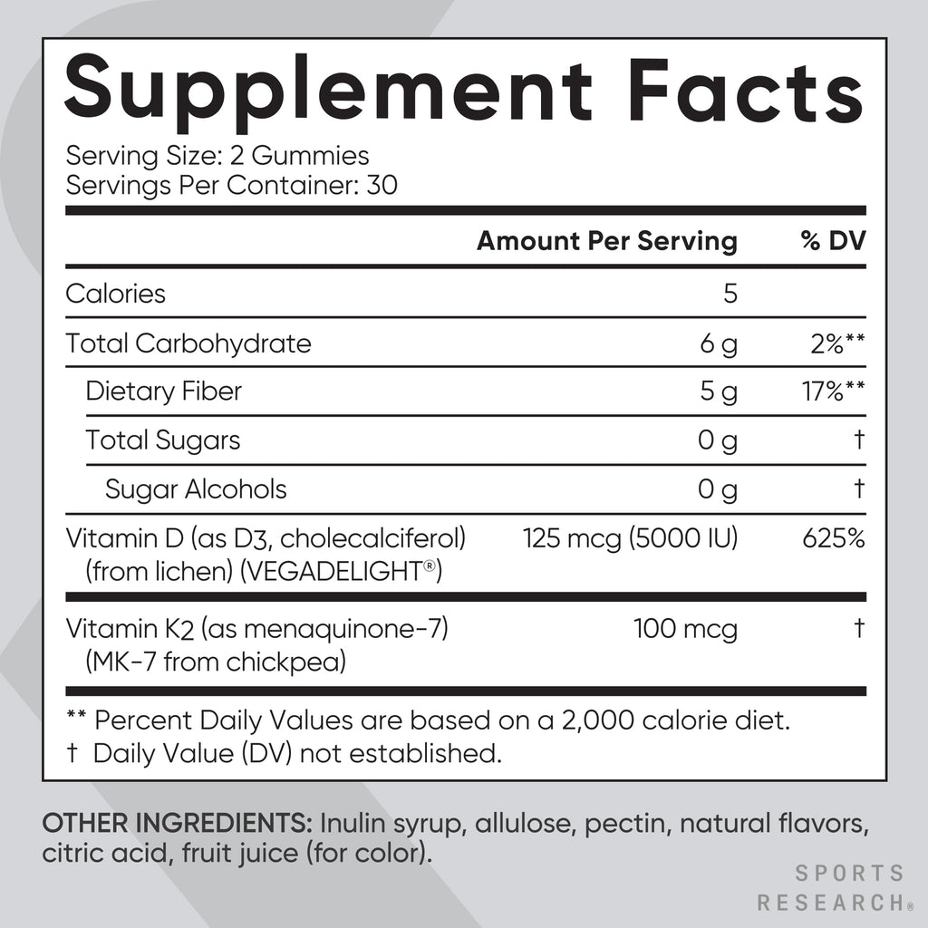 Sports Research® Vegan Vitamin D3 + K2 Gummy Supplements - 5000iu Vitamin D with 100mcg Mk7 Vitamin K - Supports Bone& Immune Health* - 60 Gummies for Adults, for Women, 1 Month Supply