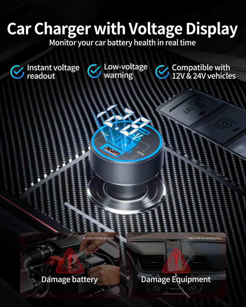 130W 3-Port USB C Super Fast Car Charger (with Voltage Display) for Samsung