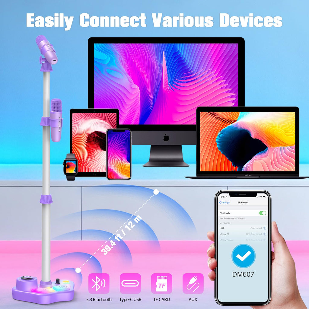Stand Karaoke Machine for Kids, Christmas Singing Toys Gifts for 3 4 5 6 7 8 Year Old Girls Boys, Rechargeable Kid Microphone Bluetooth Speaker with 2 Mic for Girl Age 4-6 Toddler Birthday Party Toy