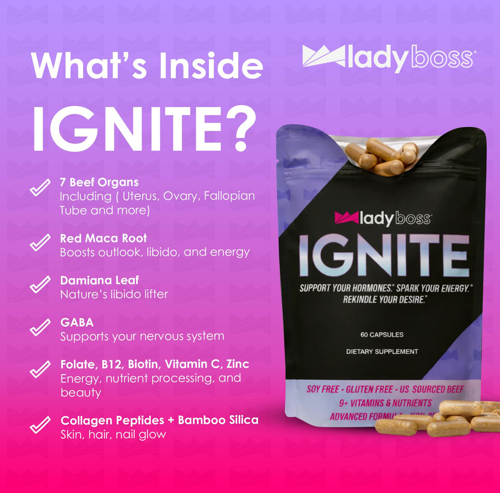 LadyBoss Ignite Hormone Balance Supplement for Women – Bloat Relief, Mood Support & Natural Energy – Premium Red Maca & Zinc Formula for Daily Vitality – 60 Capsules