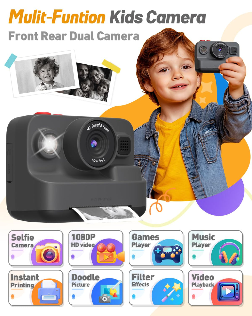 Yehtta Kids Camera Instant Print, Dual-Lens Selfie Camera for Kids, Black
