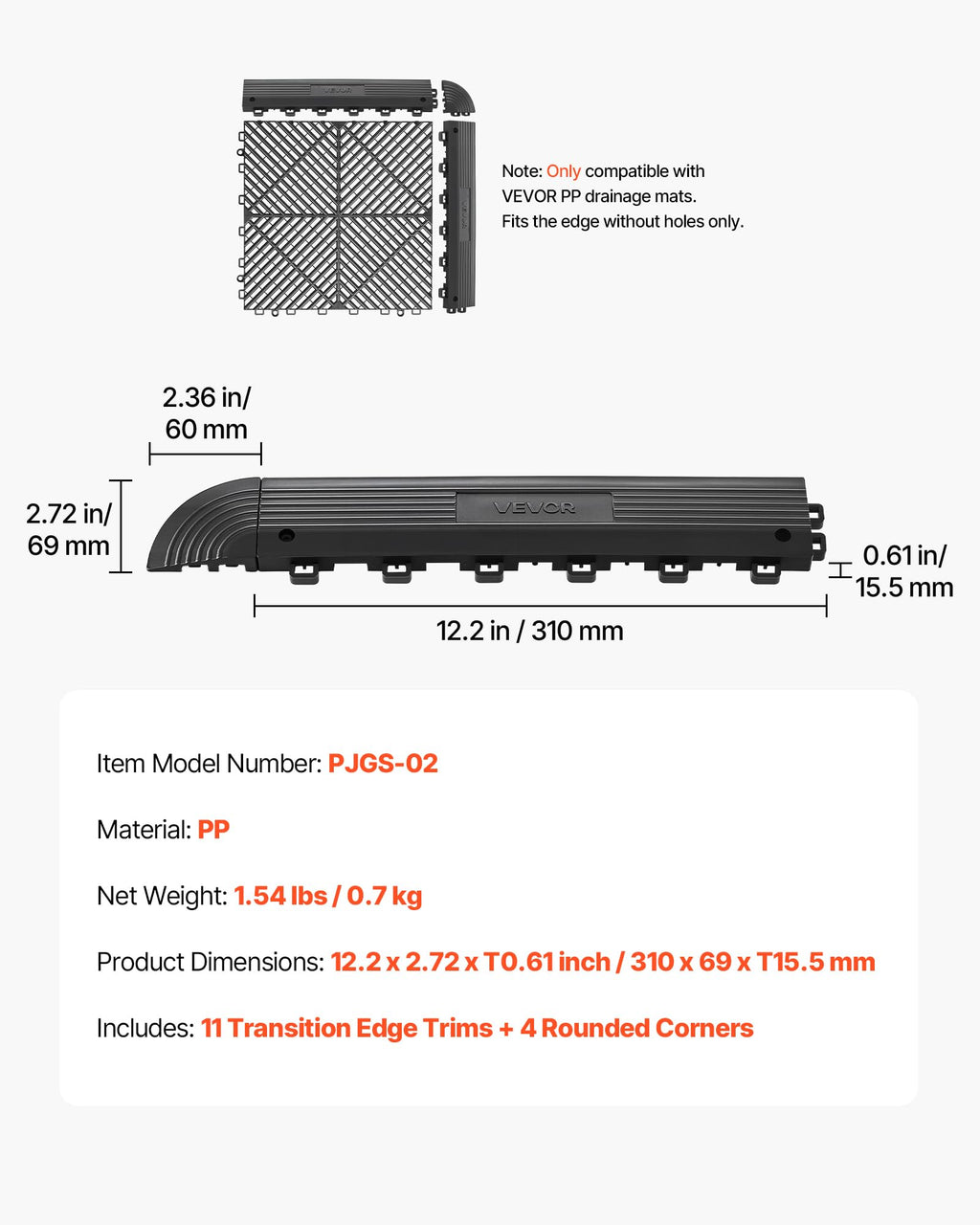 VEVOR Transition Edge Kit, 11-Piece, Durable PP Interlocking Modular Garage Floor Edging, Easy Installation, Only Compatible with VEVOR Drainage Mats, Black，Female
