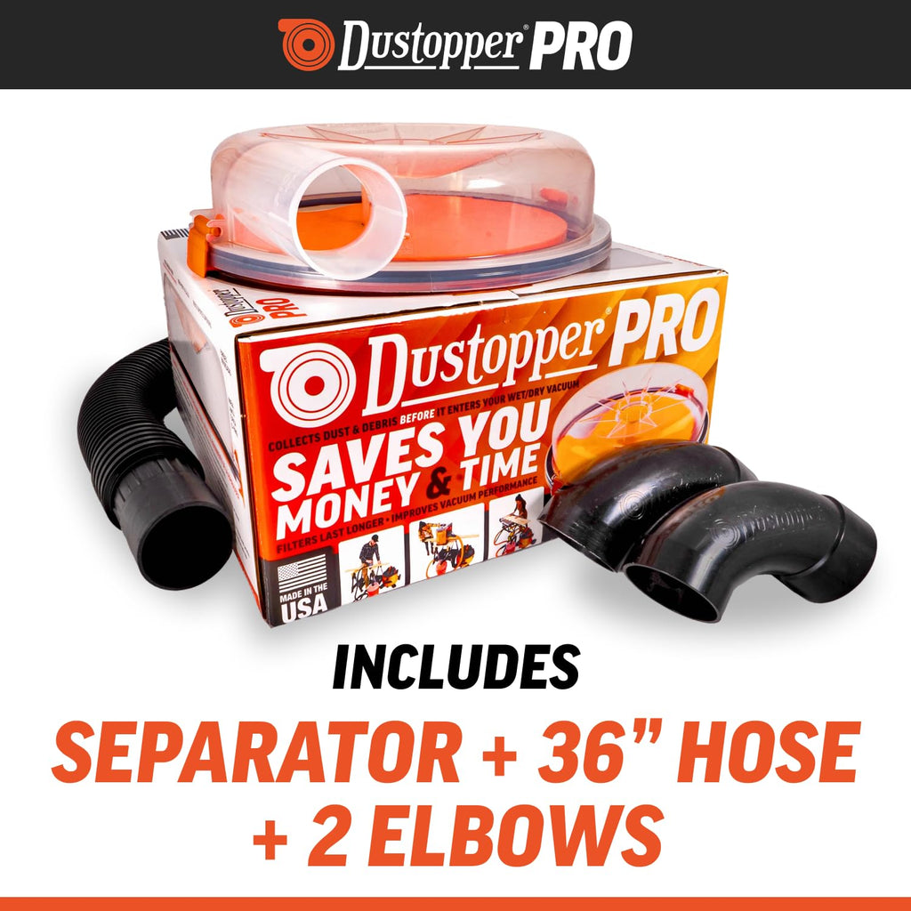The Dustopper PRO, Low-Profile Dust Separator for Shop Wet/Dry Vacuums with at least 5HP. Includes High-Flow 90 Degree Sweep Elbows and Connection Hose. Fits Standard 5 Gallon Buckets, Made in USA