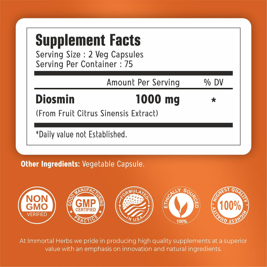 Immortal Herbs Pure Diosmin 1000mg Complex Formula, 150 Capsules, Citrus Bioflavonoids Rich Fruit Extract, 100% Vegetarian, Non-GMO & Gluten Free Diosmin Supplement