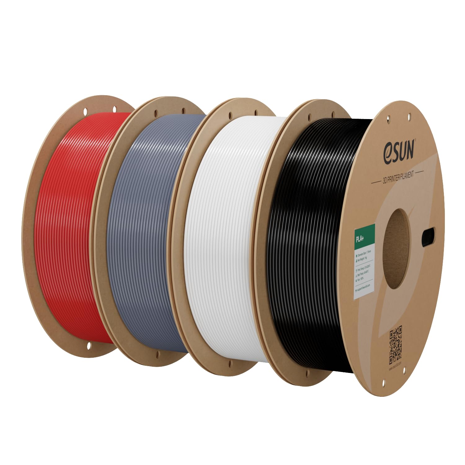 eSUN PLA+ Filament 1.75mm, 3D Printer Filament PLA Plus, Dimensional Accuracy +/- 0.03mm, 1KG per Spool, 4 Spools 3D Printing Filament, Fire Engine Red + Grey + Cold White + Black