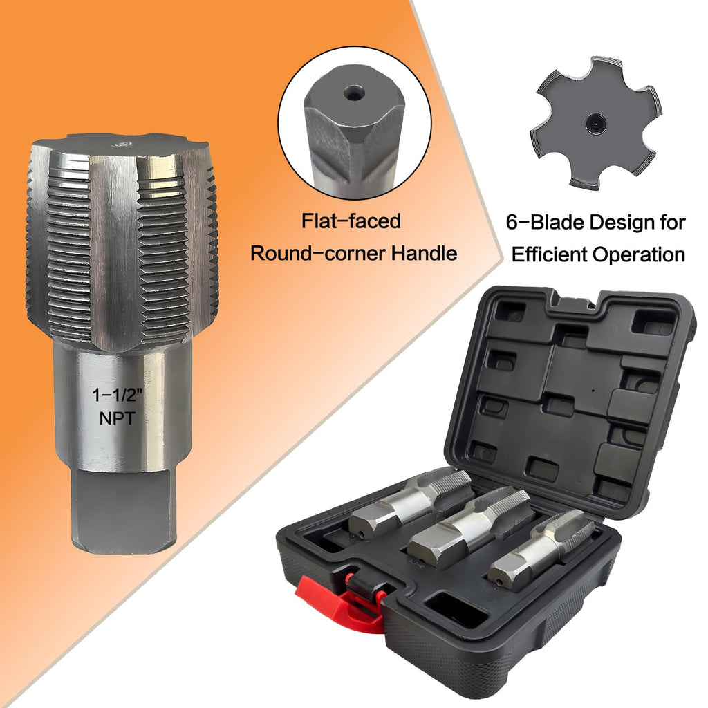 3-Piece NPT Pipe Tap Set, Precision Carbon Steel Tap Set for Clean Accurate Threads, 1", 1-1/4", 1-1/2" NPT Tap, Perfect for Plumbers Mechanics DIYers, with Durable Plastic Case.
