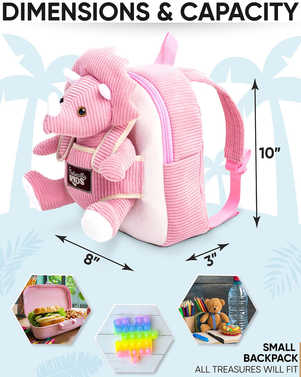 Naturally KIDS Toddler Backpack w. Plush Pink Triceratops Toy Kids Gift 2-5