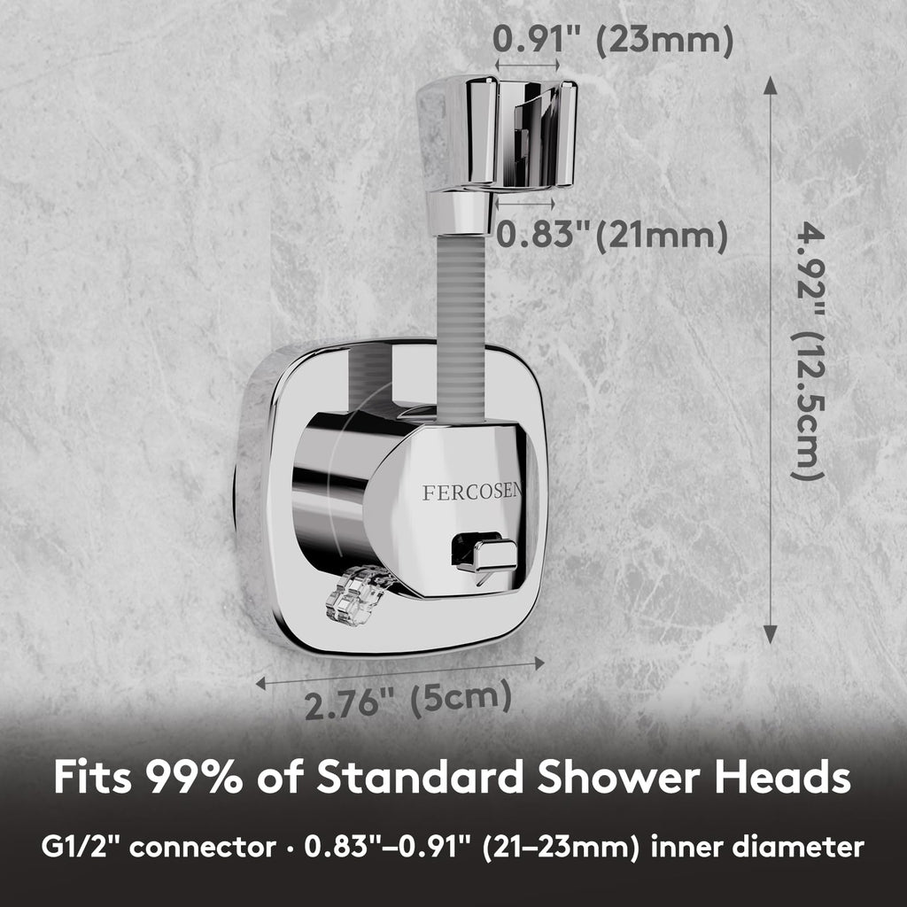 FERCOSEN 360° Swivel Shower Head Holder with Suction Cup | 10kg Load Capacity, Tool-Free Installation in Seconds | Removable and Rust-Resistant Shower Bracket with Storage Hook (White)