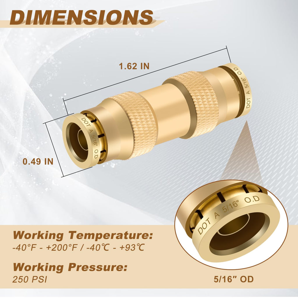 Boeray 5/16" Straight Brass Union, DOT Approved Air Line Connector 10PCS