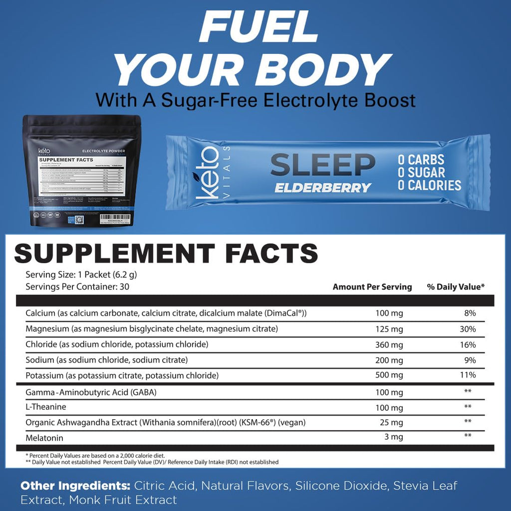 Keto Vitals Sleep Drink Electrolyte Sleep Powder Packets - Fast-Acting Sleep Blend of Melatonin 3mg, GABA, L-Theanine, & Ashwagandha - Elderberry, 30 Count