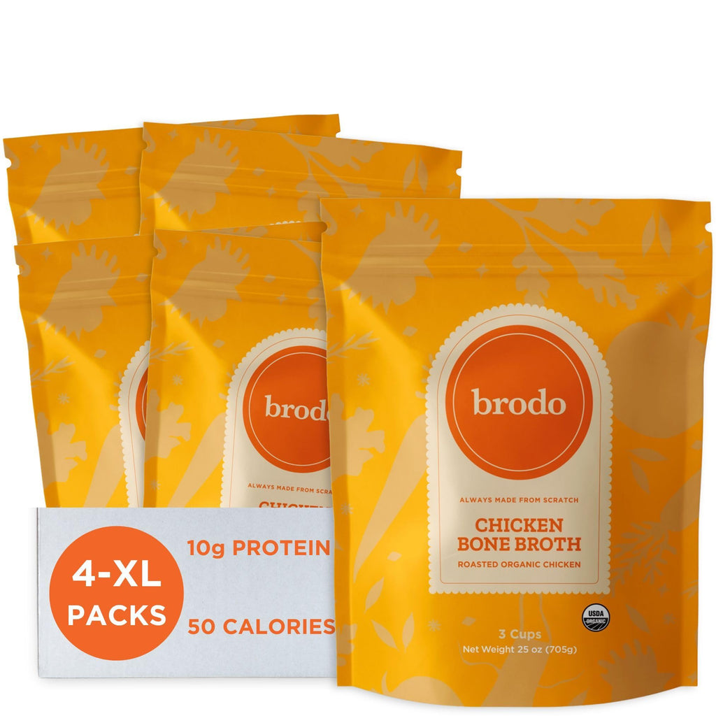 Brodo Organic Chicken Bone Broth, Protein-Rich Bone Broth with Collagen, Nourishing Chicken Broth Low Sodium for Sipping and Cooking, Slow-Simmered for Deep Flavor, (4x 25 oz. Pouches)