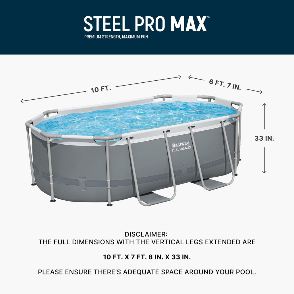 Bestway Steel Pro MAX 10' x 6'7' x 33' Oval Above Ground Swimming Pool Set, 330 GPH Filter Pump, Tritech Puncture Resistant Liner, ClickConnect Steel Frame, Gray