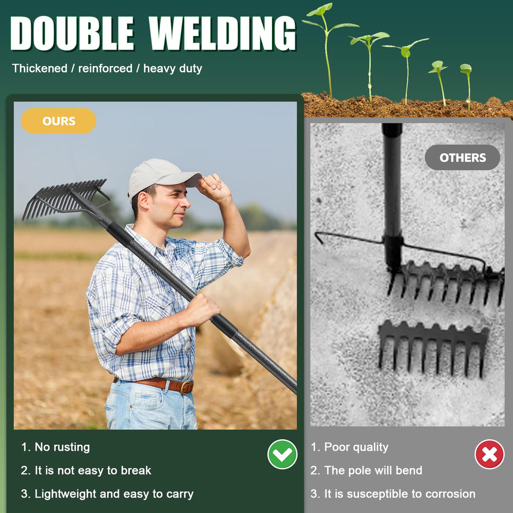 JAOTREL 49'' Bow Rake Heavy Duty Garden Rake with Stainless Steel Handle, Tines Metal Head Rake Tool for Loosening Soil Gathering Leaf Leveling Lawn Farming Land Management Yarn Thatch Rake