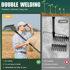 JAOTREL 49'' Bow Rake Heavy Duty Garden Rake with Stainless Steel Handle, Tines Metal Head Rake Tool for Loosening Soil Gathering Leaf Leveling Lawn Farming Land Management Yarn Thatch Rake