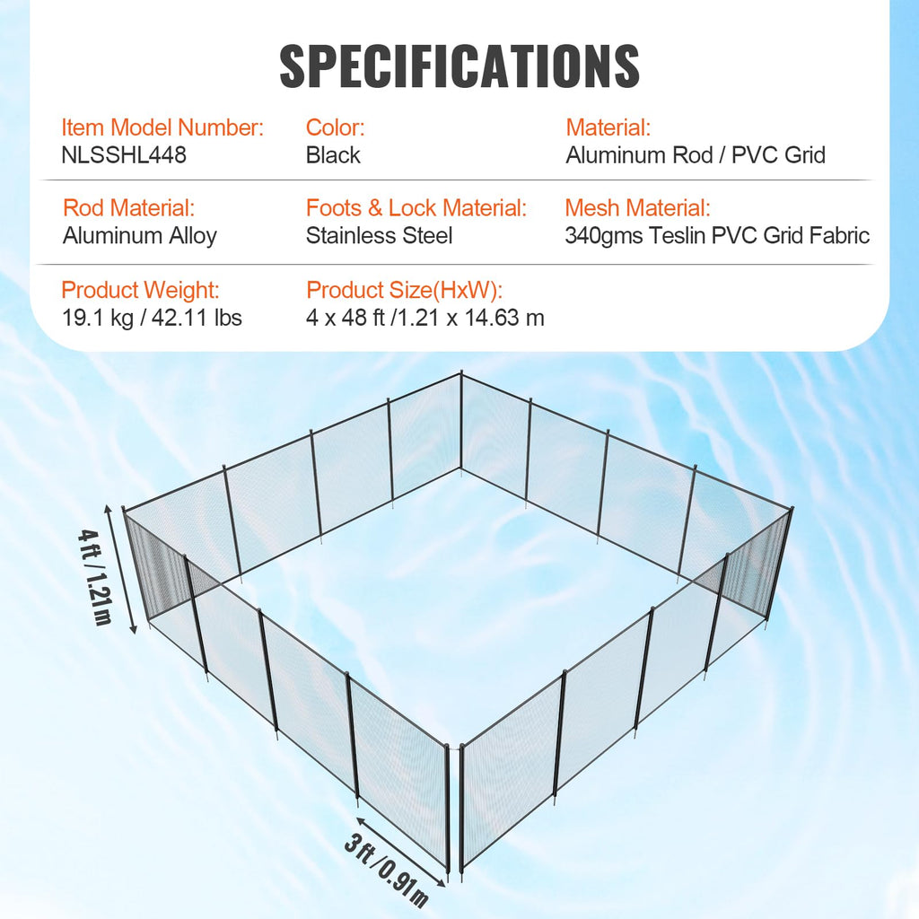 VEVOR Pool Fence, 4 x 48 FT Pool Fences for Inground Pools, Removable Pool Fencing, Easy DIY Installation Swimming Pool Fence, 340gms Teslin PVC Pool Fence Mesh Protects Kids and Pets