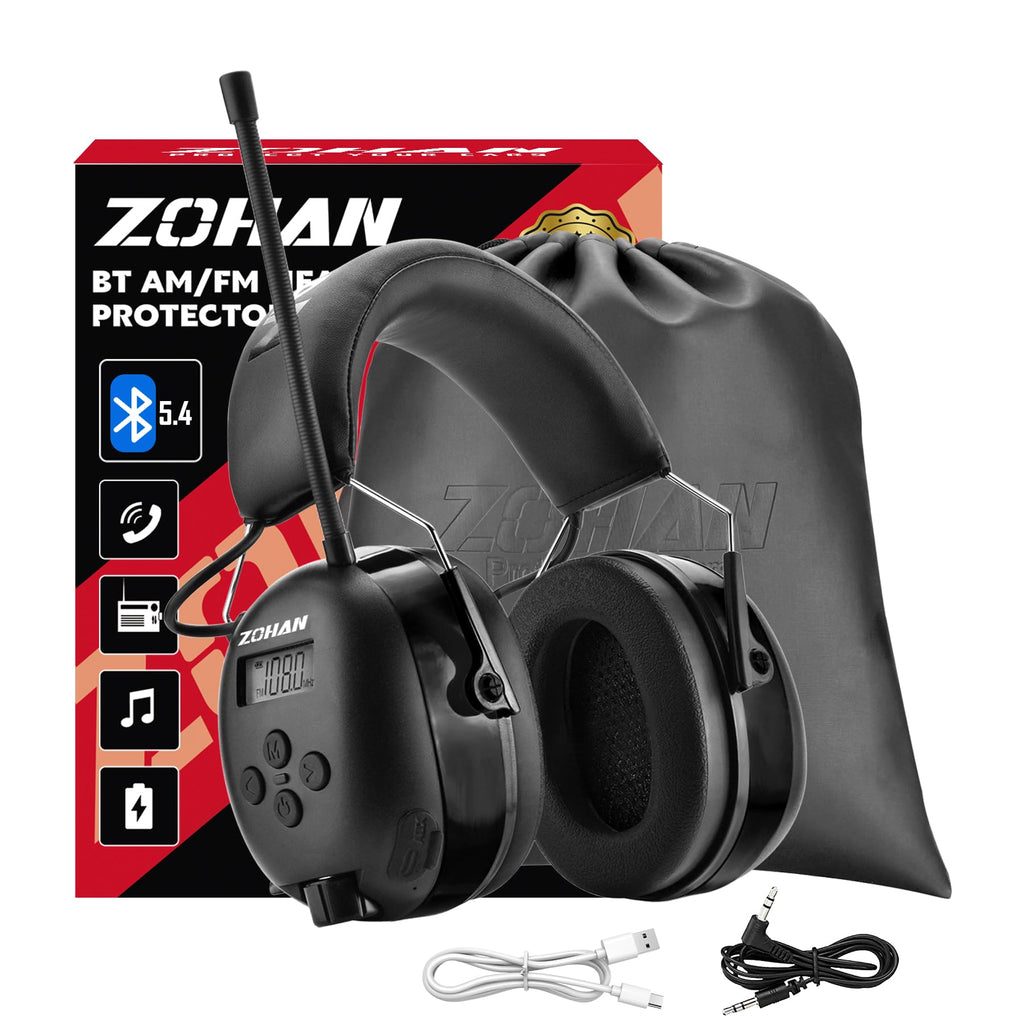 ZOHAN AM/FM Radio Headphone with Digital Display,Ear Protection Noise Reduction Earmuffs,Comfortable Hearing Protector(Black, Bluetooth, Type-C)