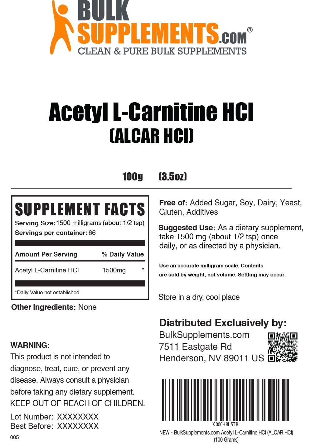 BulkSupplements.com Acetyl L-Carnitine Powder - as ALCAR HCl, Carnitine Supplement - Gluten Free, 1.5g per Serving, 100g (3.5 oz) (Pack of 1)