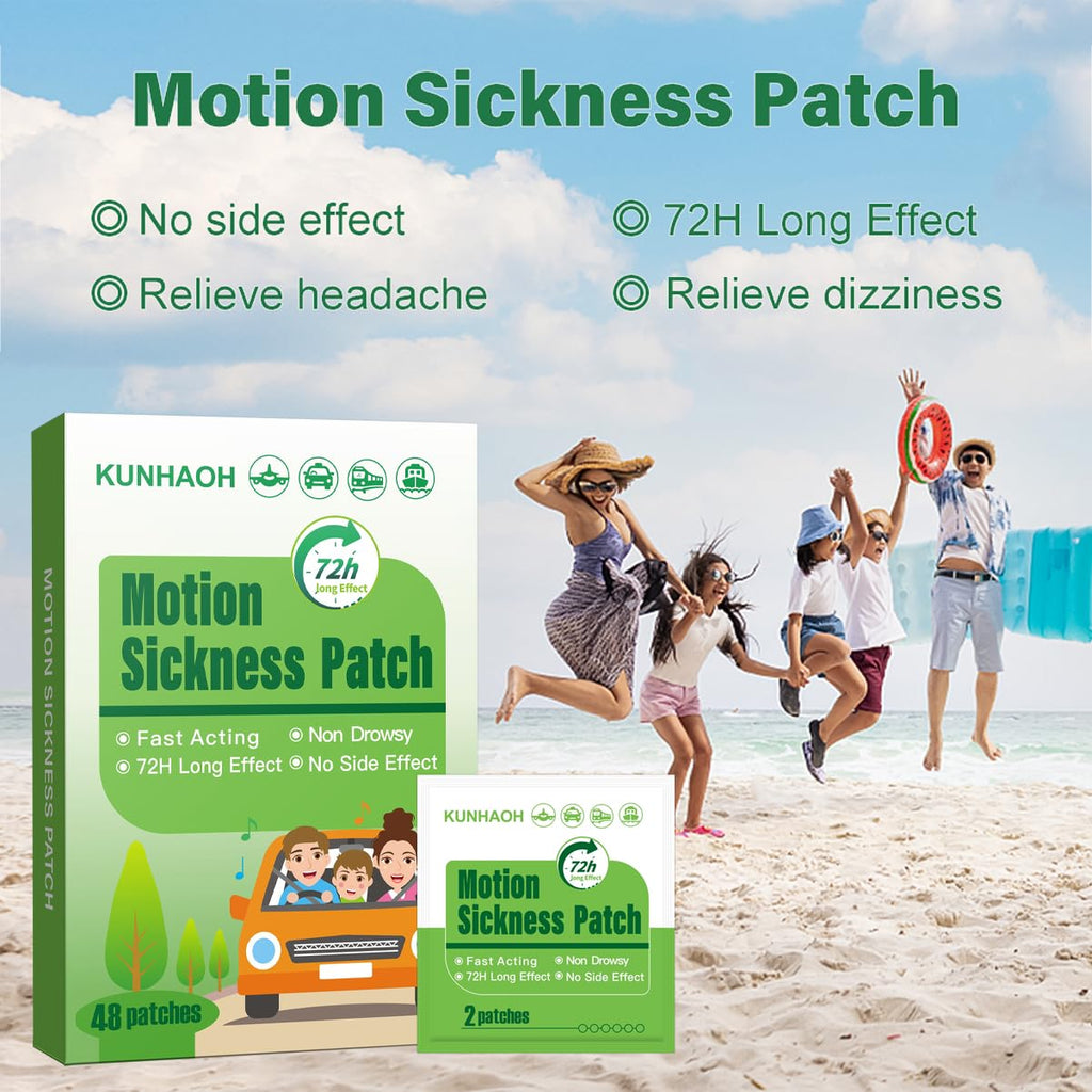 KUNHAOH Motion Sickness Patches Non Drowsy, 100% Natural Sea Sickness Patch(Efficient– Lasts 72 Hours)-for Car Airplane Ship Altitude Sickness(Travel Essentials 2026)-for Adults and Kids(48 Count)