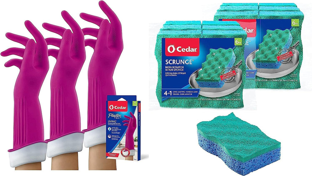 O-Cedar Multi-Use Scrunge Scrub Sponge (12 CT) with Playtex Living Reuseable Rubber Cleaning Gloves (Medium, 3 Pairs)