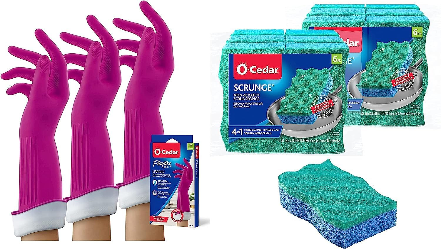O-Cedar Multi-Use Scrunge Scrub Sponge (12 CT) with Playtex Living Reuseable Rubber Cleaning Gloves (Medium, 3 Pairs)