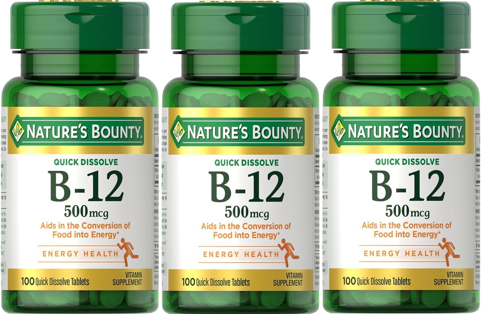Nature's Bounty B-12 Quick Dissolve Tablets 500 Mcg, 300 Tablets (3 X 100 Count Bottles)