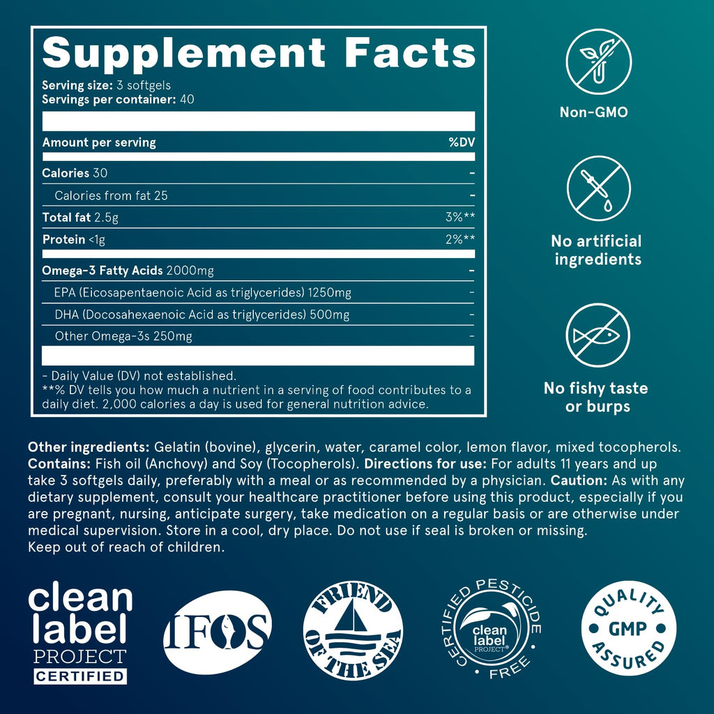 Puori Omega 3 Fish Oil - Ultra Pure 2000mg x 240 Softgels - Heart, Brain and Eye Health Supplement - Burpless, IFOS Certified, Non-GMO Capsules - O3-2000mg EPA 1250mg DHA 500mg
