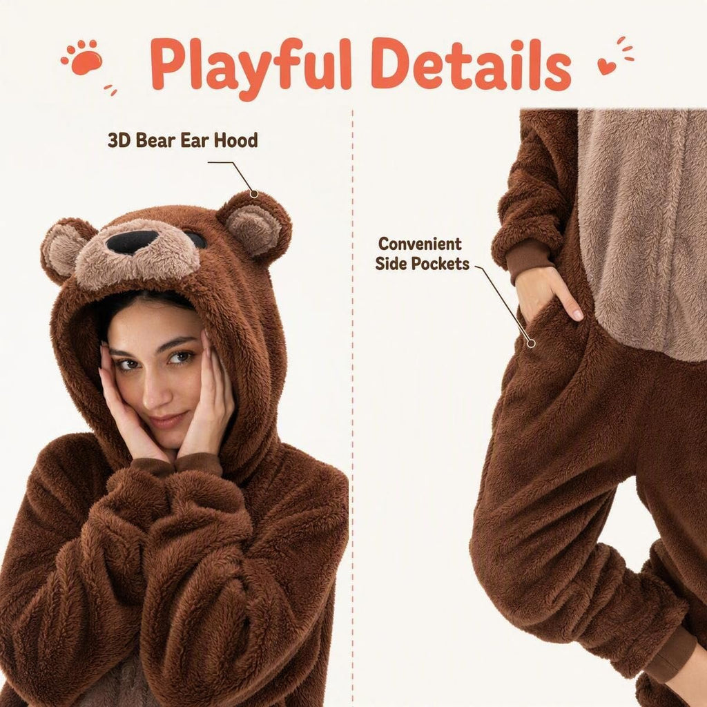 COSUSKET Snug Fit Unisex Adult Onesie Pajamas, Sherpa Bear Animal One Piece Halloween Costume Sleepwear Homewear