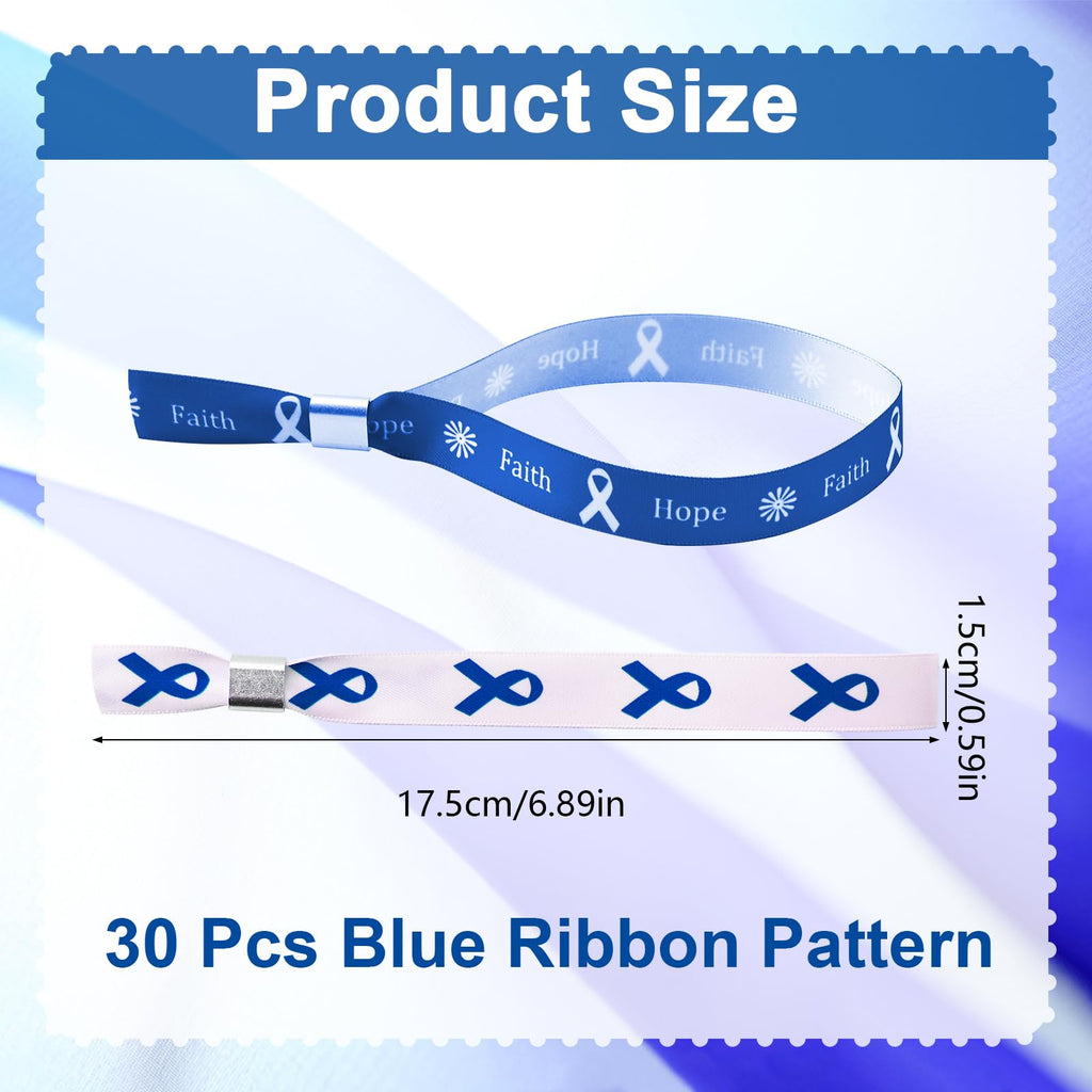 WANDIC Blue Ribbon Bracelets, 30 Pcs 5 Styles Colon Cancer Awareness Wristbands Adjustable Polyester Wrist Bands Wrist Strap for Public Event, 6.89 * 0.59in, Polyester, no Gemstone