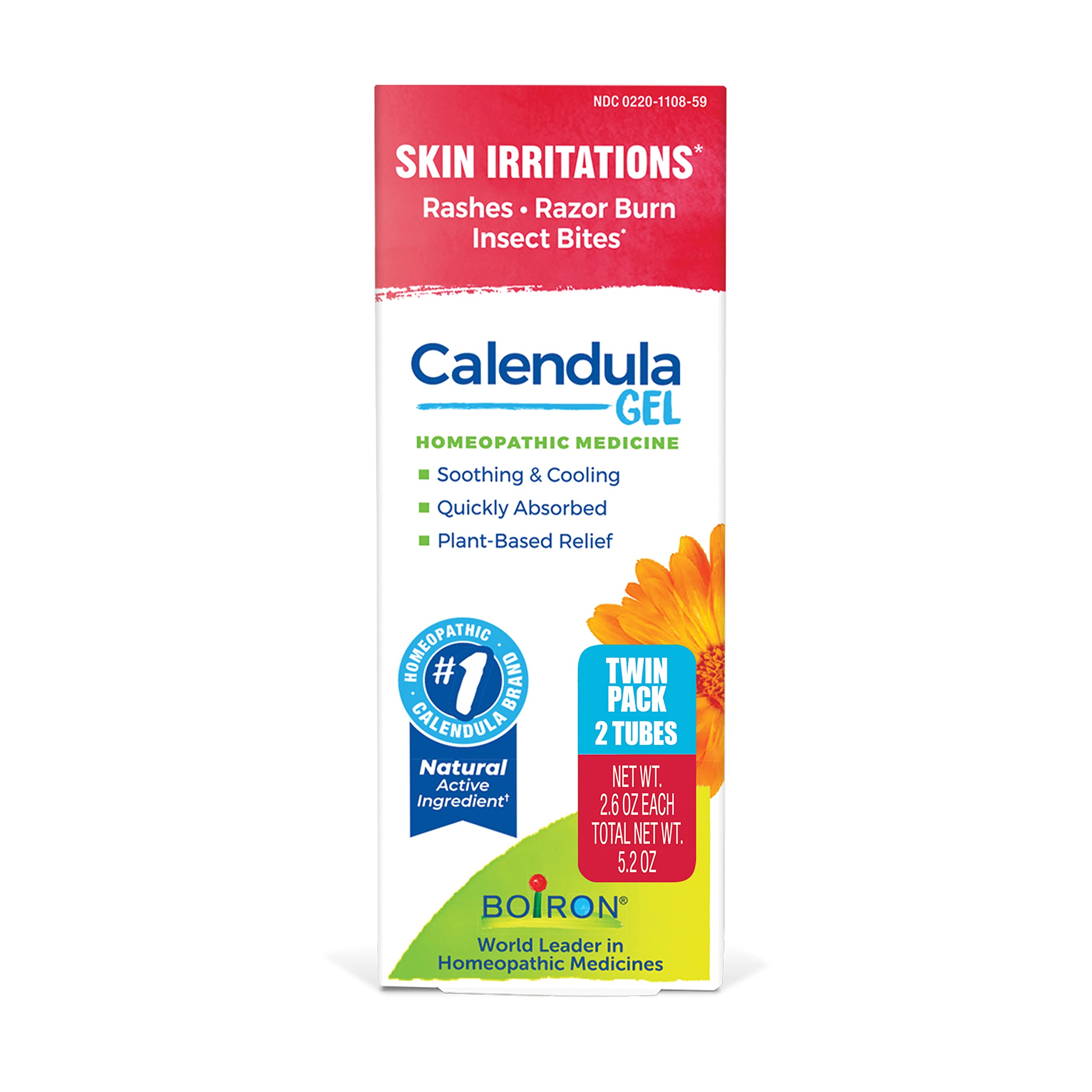 Boiron Calendula Gel for Relief from Rashes, Razor Burn, or Insect Bites - Non-Greasy and Fragrance-Free - 5.2 oz (2 Pack of 2.6 oz)