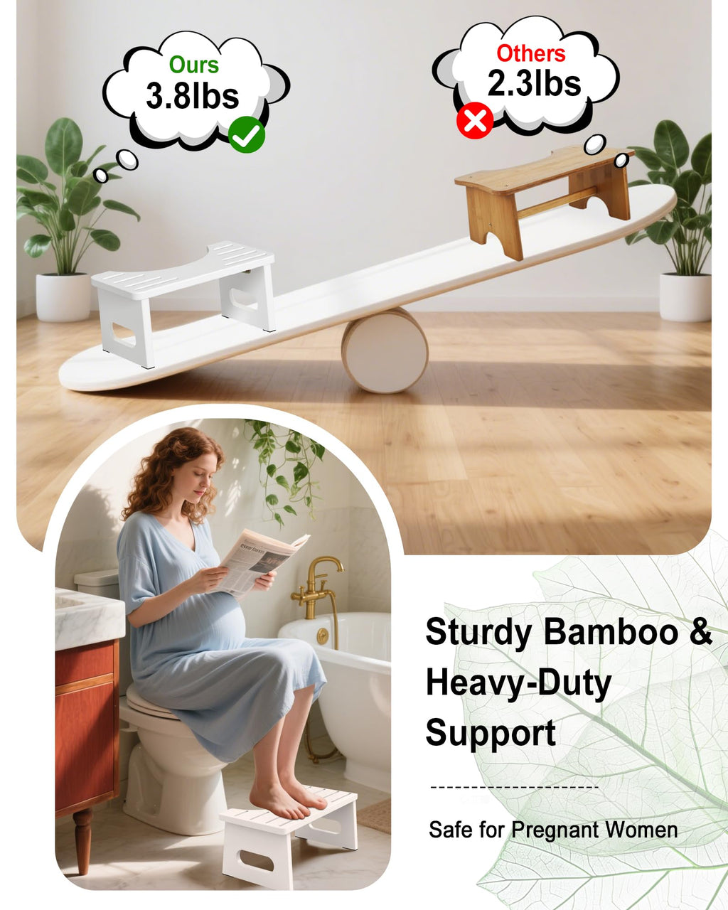 Foldable Toilet Stool, 7.5 Inches Bamboo Toilet Stool Squat for Adults, Collapsible Poop Stool for Bathroom, Potty Step Stool with Non-Slip Strip