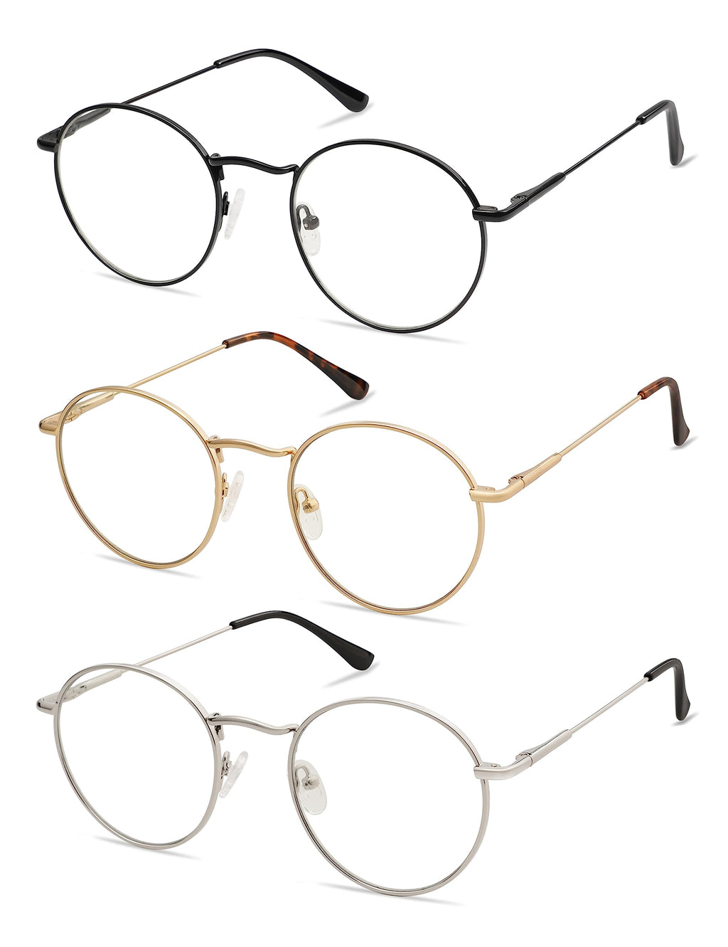 AMOMOMA 3-Pack Retro Round Reading Glasses for Men Women Trendy Blue Light Blocking Computer Readers Metal Frame AM6101 Mix (+1.50 Magnification Strength)
