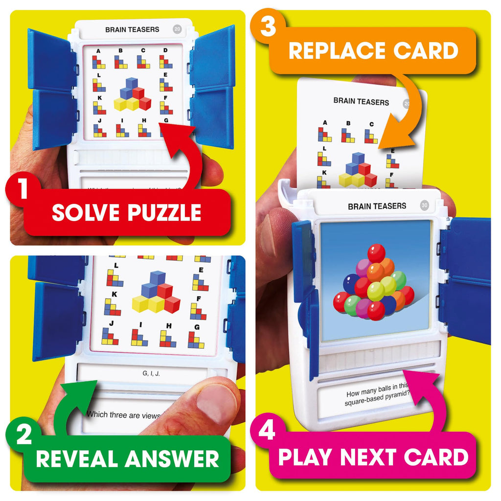 100 PICS Brain Teasers Travel Game - Solve 100 Puzzles | Flash Cards with Slide Reveal Case | Card Game, Gift, Stocking Stuffer | Hours of Fun for Kids and Adults | Age 6+