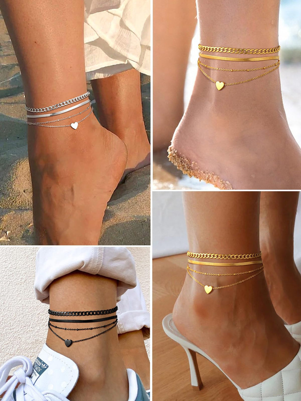 FindChic Cuban Link Anklets for Women Black Ankle Bracelets Waterproof Herringbone Chain Layered Foot Jewelry