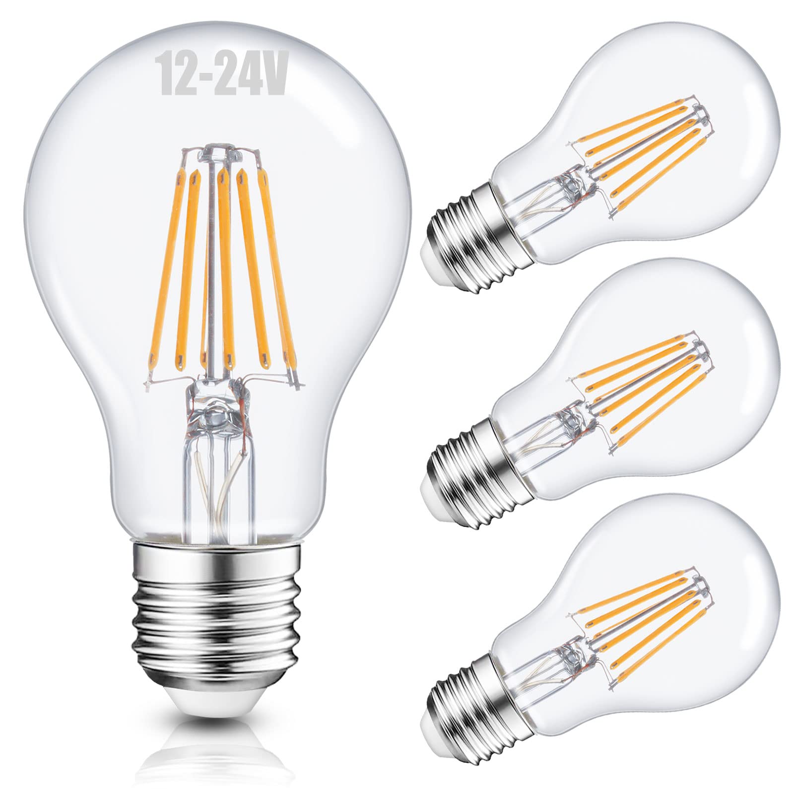 Haian Support Efficient 12V LED Bulb 6W 600Lm - E26/E27 Base - 12-24V AC/DC - 4 Pack - Ideal for Off-Grid Solar Battery Systems, RVs, Marine Lighting - Energy Saving 60W Equivalent - Warm White 2700K
