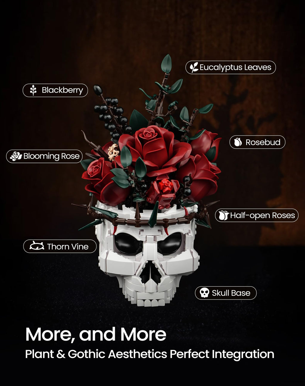 iATOM Skull Rose Bouquet Building Set, Compatible with Lego Flowers for Adult - Halloween Gothic Horror Skeleton Plant Pot Home Decor - Artificial Flower Botanical Collection Gifts, IA11008