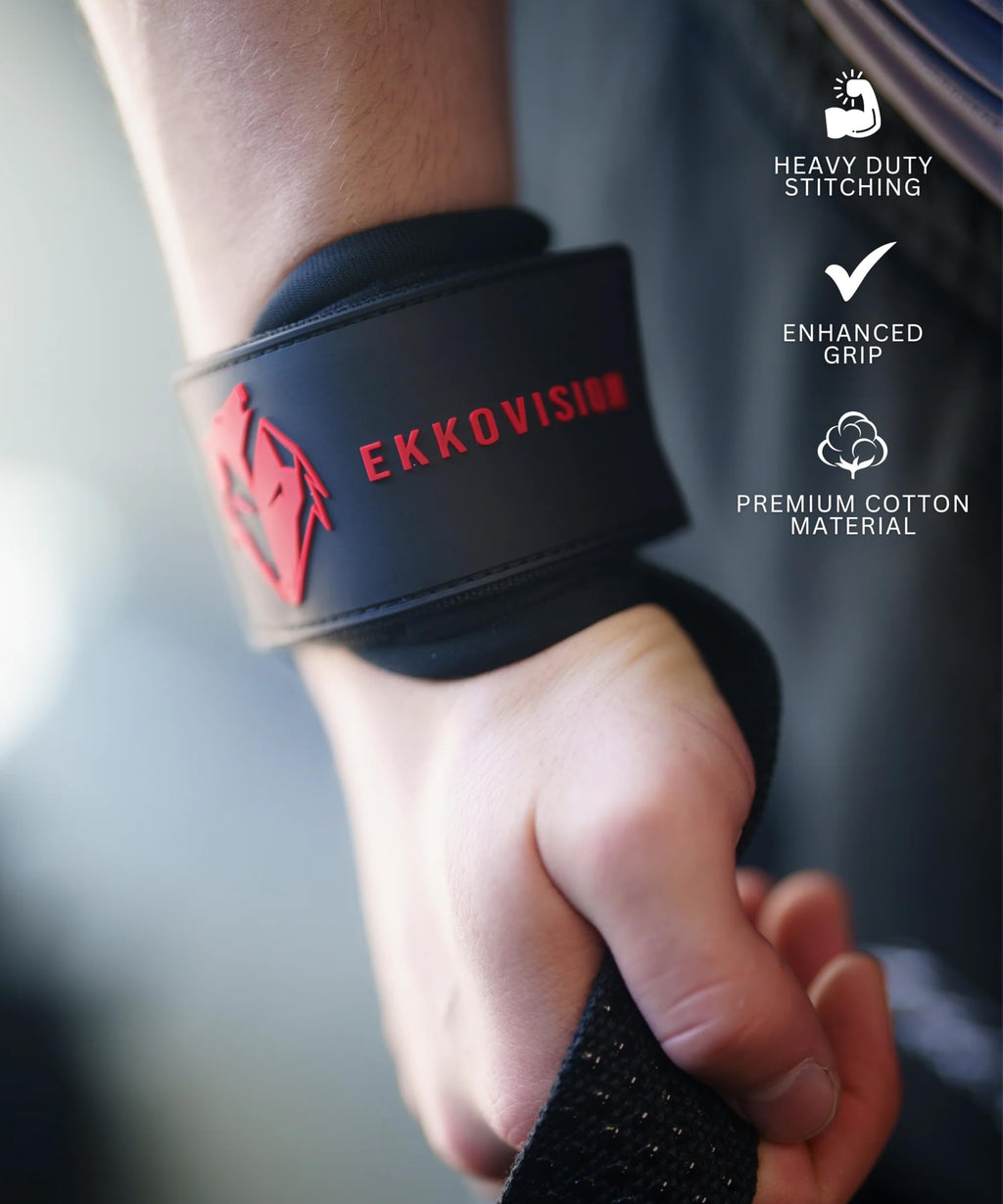 Ekkovision Weight Lifting Straps, Cuffed D Ring, Phase 3 Logo, Black