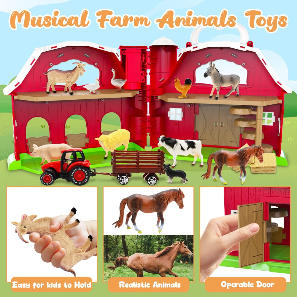 Big Red Barn Toys for Kids 3, Farm Animal Figures Playset with Tractor for 3 4 5 Year Old Kids, Musical Preschool Montessori STEM Learning Toys, Christmas Birthday Easter Gift for Boys Girls