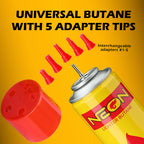NEON Butane Fuel Refill, 300ml x 4 Cans Ultra Refined Lighter Fluid, Premium 99.999% Pure Butane Gas with Metal Nozzle and 5 Butane Adapter Tips for Torch Lighter, Kitchen Torches, Refillable Lighters