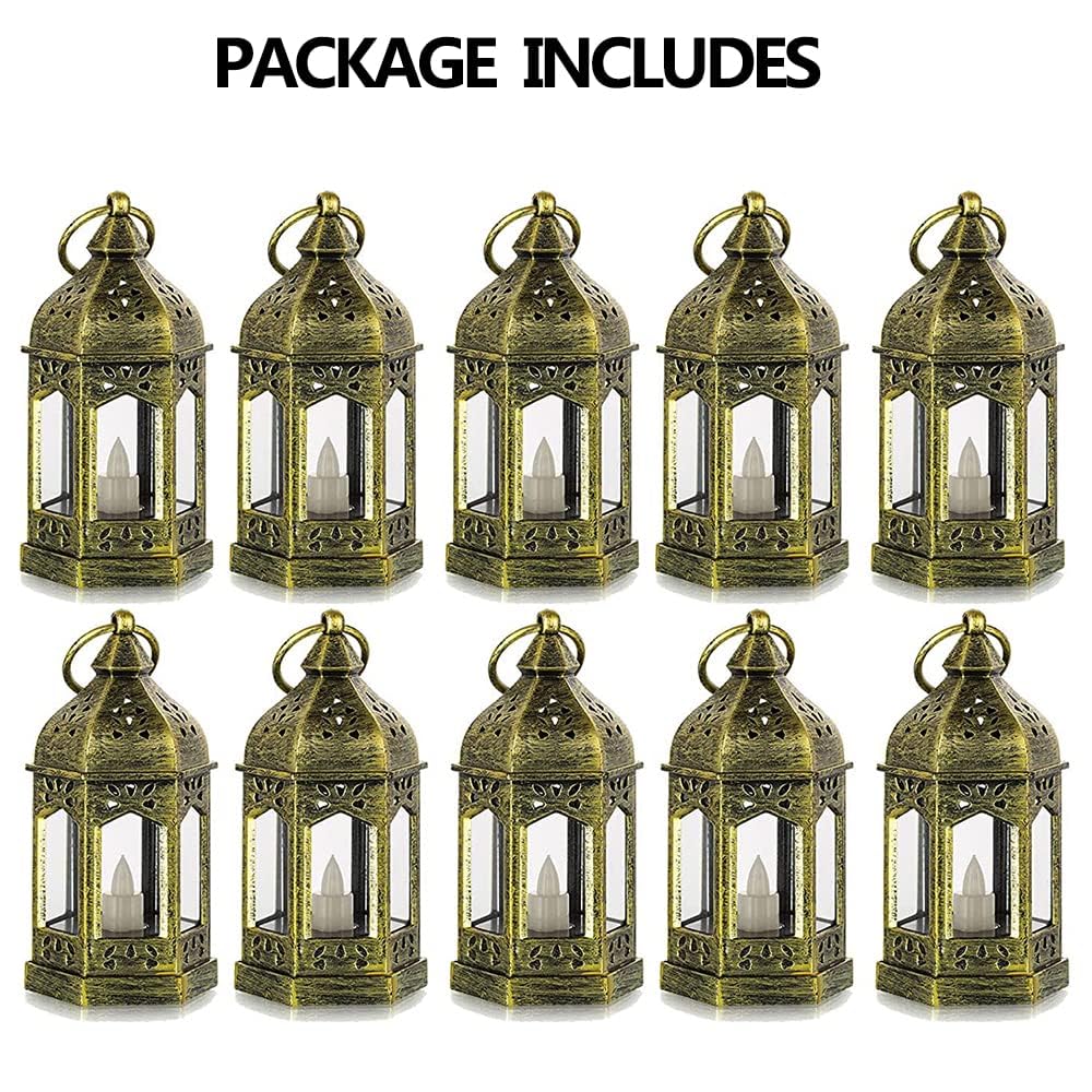 Hewory 10PCS Gold Mini Lanterns for Party Decoration, Flickering LED Candle