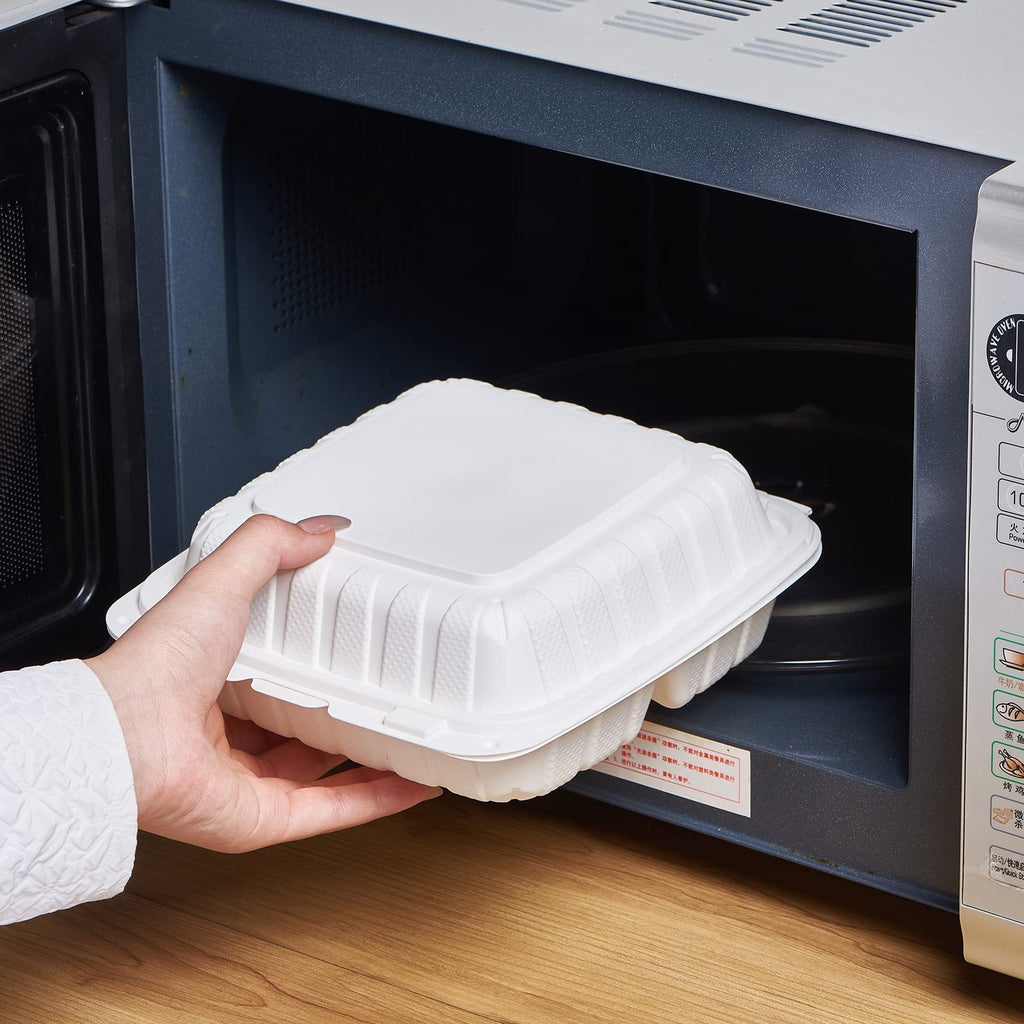 Jaluxing 8X8 3Compartment 50Pack Plastic Clamshell Take Out Food Containers, Heavy Duty To-go Disposable Lunch Box Restaurant Meal Prep Packaging Catering Hinged Container (Formerly FULING)