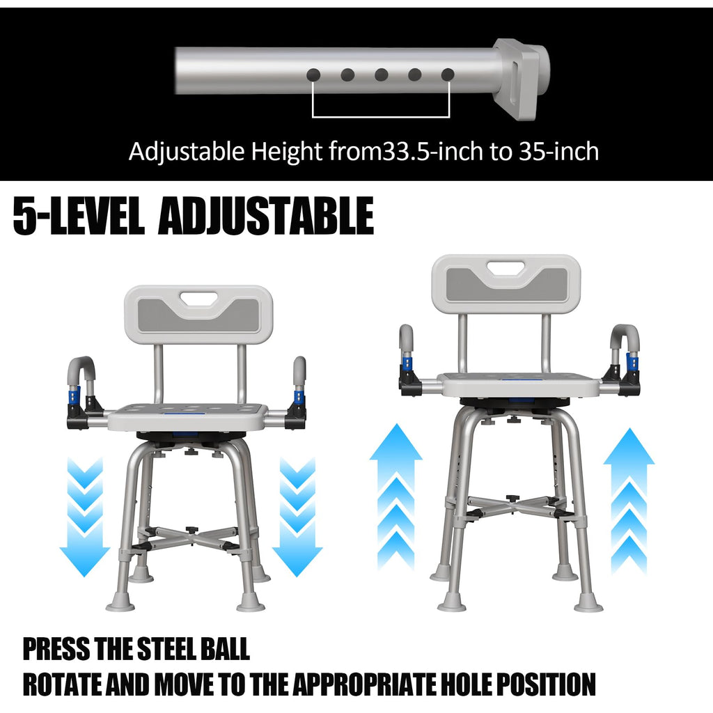 360° Swivel Shower Chair for Elderly and Disabled 400lbs Heavy Duty Bathing Transfer Stool with Armrests & Backrest Adjustable Height Bath Chair for Inside Shower Standard Bathrooms & Bathtubs Gray