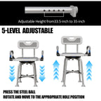 360° Swivel Shower Chair for Elderly and Disabled 400lbs Heavy Duty Bathing Transfer Stool with Armrests & Backrest Adjustable Height Bath Chair for Inside Shower Standard Bathrooms & Bathtubs Gray