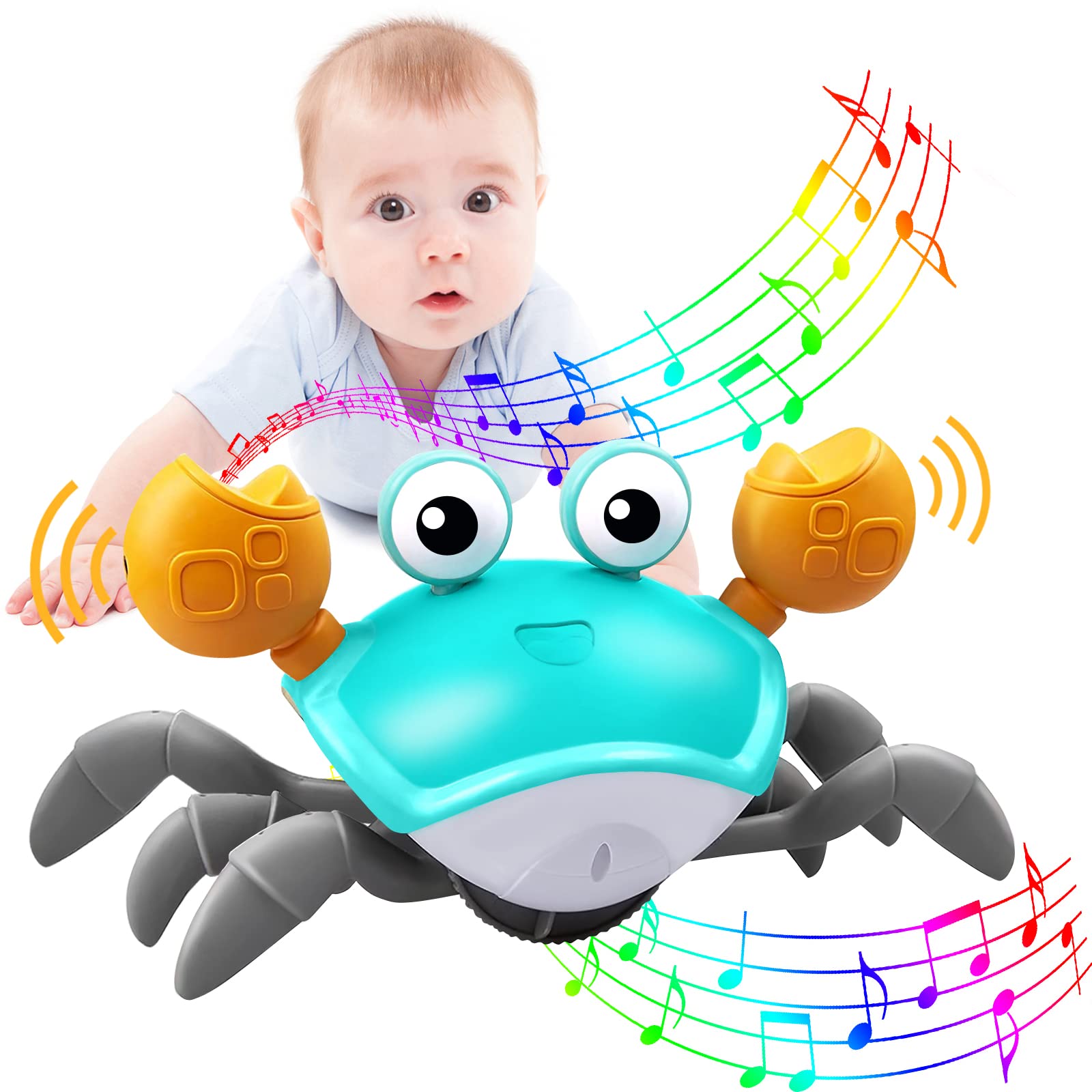 Plnmlls Crawling Crab Baby Toy - Tummy Time Toys - with Music and LED Light,Built-in Rechargeable Battery for 0-6 6-12 12-18 36 Months Walking Toddler Birthday Gift(Blue)