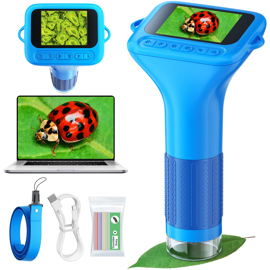 Odatay Microscope for Kids with 12 Slides, 100X-1000X 1080P Digital Handheld Kids Microscope, Mini Portable Pocket Miniscope Science Toys Gifts for 3+ 4 5 6 7 8 9 10 11 12 Year Old Boys Girls, Blue