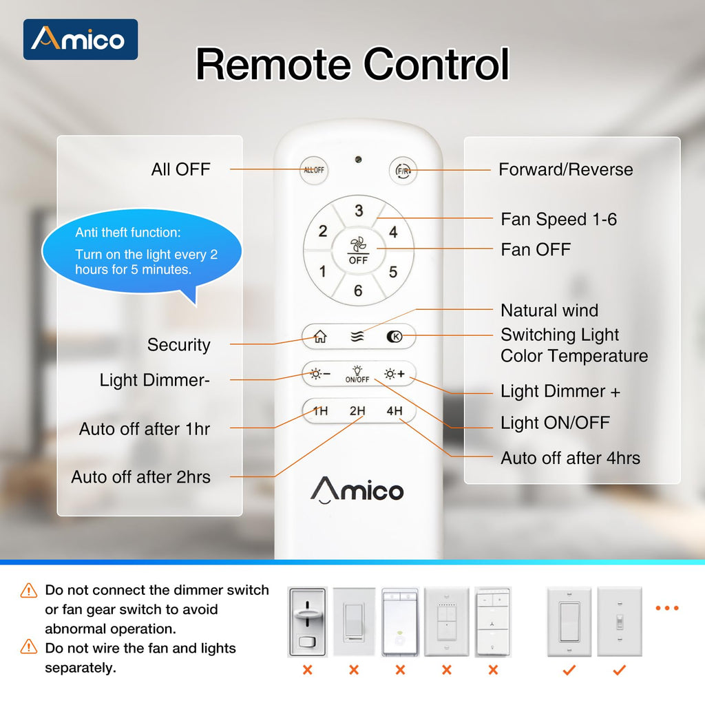 Amico 52 Inch Smart Ceiling Fans with Lights, Downrod Mount, WiFi, Black